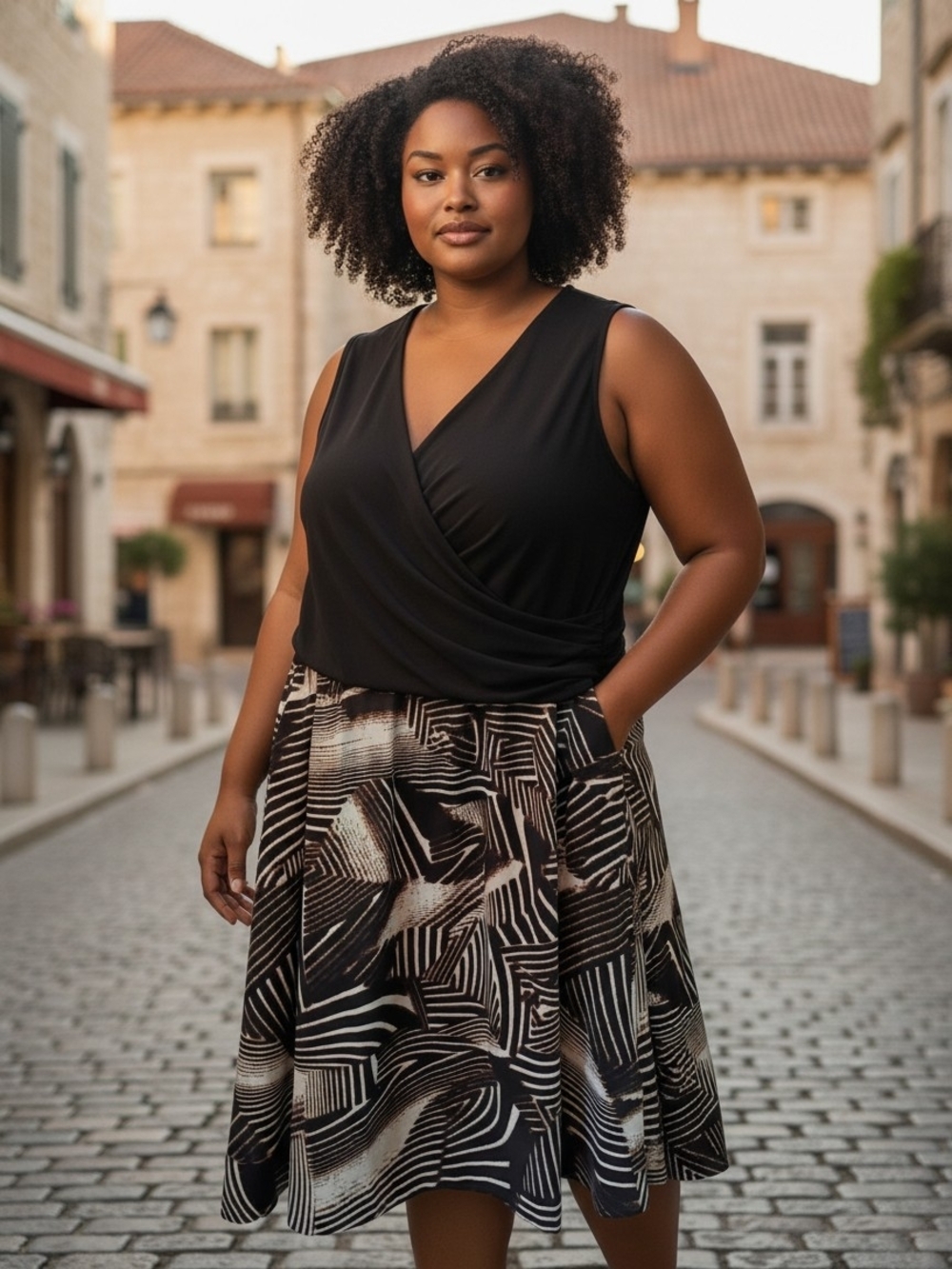 Est. 1946 Sleeveless Black Wrap Midi Dress with Abstract Print Skirt